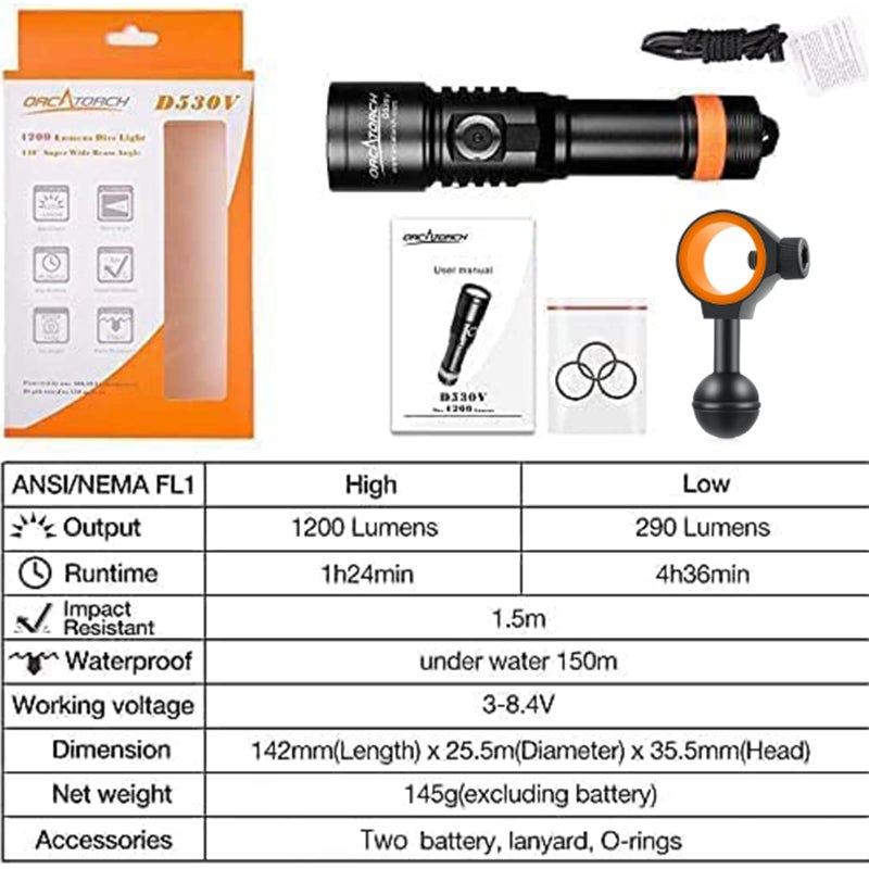 ORCATORCH D530V 1200 Lumens Underwater Video Light, 120Â° Super Wide Beam Dive Flashlight, 2 Modes with ZJ18 Ball Joint, IP68 Waterproof (150m) for Scuba Diving Photography/Videography - Image 5